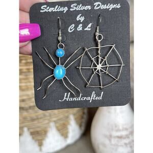 Native Style Sterling Silver Turquoise Spider & Web Earrings Southwest Gothic